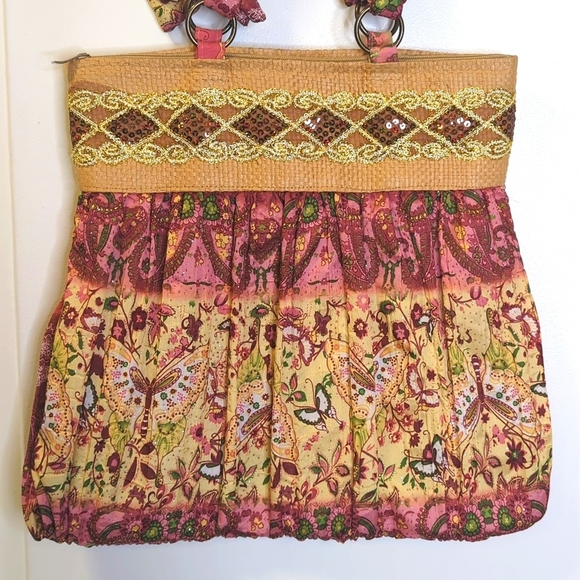 Bohemian Paisley Tote Bag  Multicolor Sequins Glitter Straw Accent - Picture 3 of 11